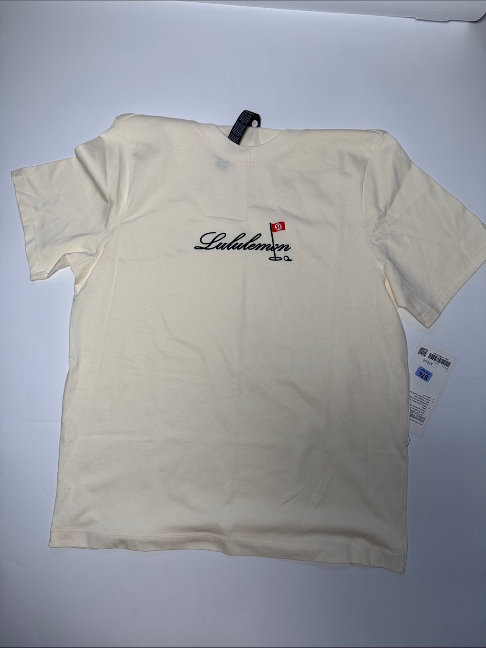 lululemon athletica Cream Short Sleeve Script Logo Tee with Red Flag Detail
